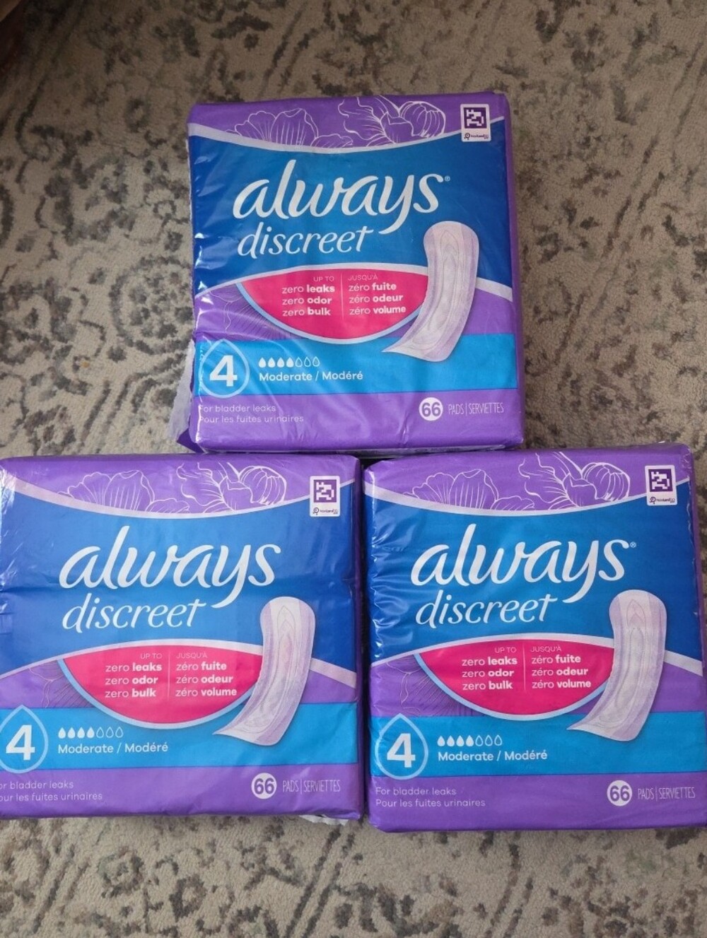 Always Discreet Incontinence Pads for Women-Sz 4- Mod. Absorb. 66 Ct Lot Of 3